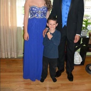 Royal blue strapless prom dress with jewels